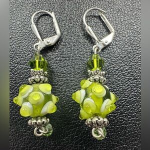 Green and White Glass Lamp Work Earrings